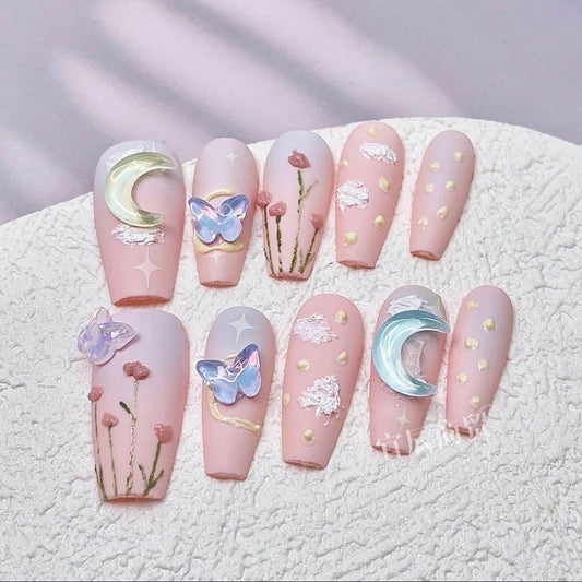 Starry Sky Bloom - Handpainted Oil Painting Style Nail Art - Press on nails