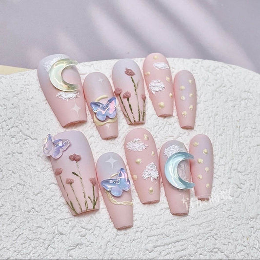 Starry Sky Bloom - Handpainted Oil Painting Style Nail Art - Press on nails